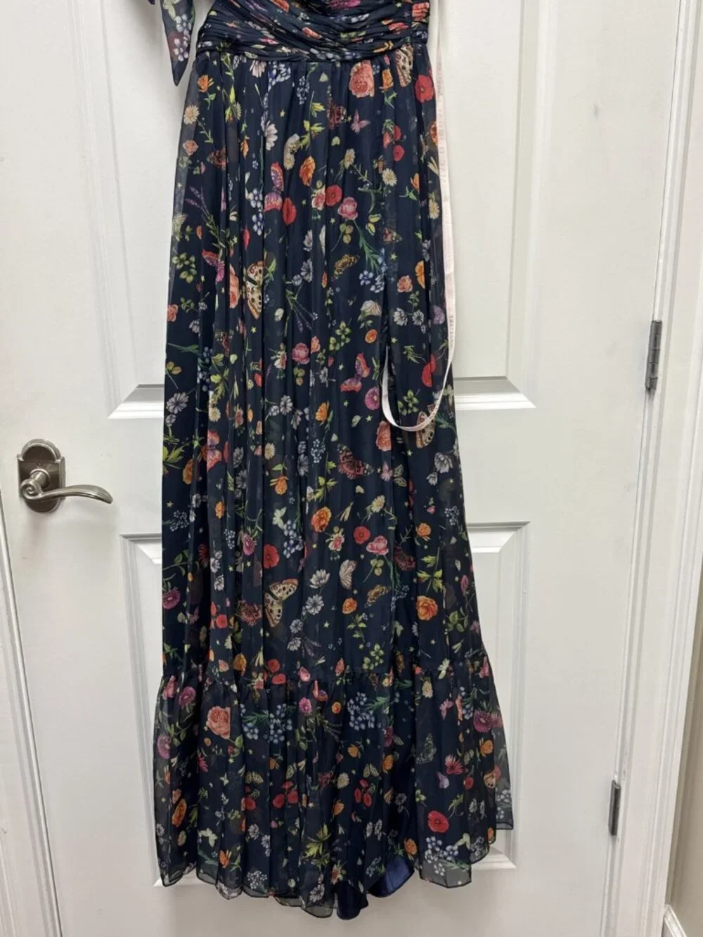 MAC DUGGAL Size 0 Navy 67938 Floral Tied One Shoulder Cut-Out Flowy Gown Dress - Picture 9 of 14